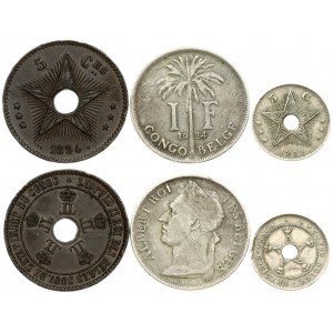 Belgium Congo 5 Centimes 1894 & 1919 & 1 Franc 1924. Averse: Crowned monograms circle center hole. Laureate head left...
