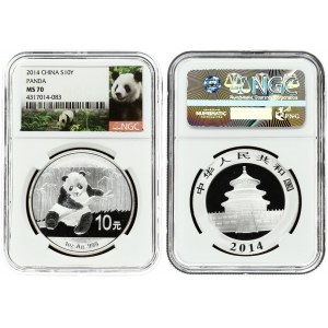 China 10 Yuan 2014 Panda; Silver Bullion. Averse: Temple of Heaven. Reverse: Panda. Lettering: 10 元  1oz Ag.999...