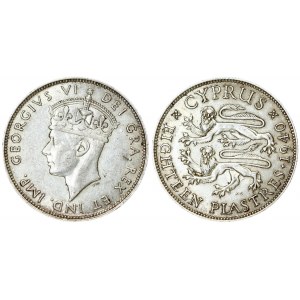 Cyprus 18 Piastres 1940 George VI(1936-1952). Averse: Crowned head left. Reverse: Two stylized rampant lions left...