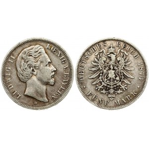 Germany BAVARIA 5 Mark 1874D Ludwig II(1864-1886). Averse: Head right. Averse Legend: LUDWIG II KOENIG V. BAYERN...