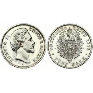 Germany BAVARIA 5 Mark 1876D Ludwig II(1864-1886). Averse: Head right. Averse Legend: LUDWIG II KOENIG V. BAYERN...