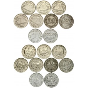 Germany 20-50 Pfennig 1890-1943A & 1 Reichsmark 1933-1937 & Hamburg 200000 Mark1923. Averse: Denomination within wreath...