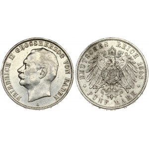 Germany BADEN 5 Mark 1908G Friedrich II(1907-1918). Averse: Head left. Reverse: Crowned imperial German eagle...