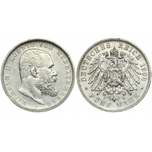 Germany WÜRTTEMBERG 5 Mark 1908F Wilhelm II(1891-1918). Averse: Head right. Averse Legend...