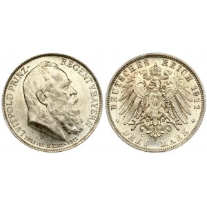 Germany BAVARIA 3 Mark 1911D 90th Birthday of Prince Regent Luitpold. Otto(1886-1913). Averse: Head right. Reverse...
