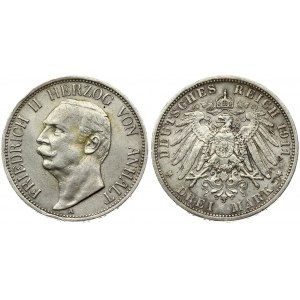 Germany ANHALT-DESSAU 3 Mark 1911A Friedrich II(1904-1918). Averse: Head left. Reverse: Crowned imperial German eagle...