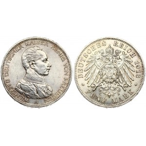 Germany PRUSSIA 5 Mark 1913A Wilhelm II(1888-1918). Averse: Uniformed bust right. Reverse: Crowned imperial eagle...