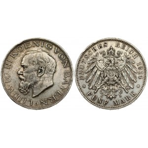 Germany BAVARIA 5 Mark 1914D Ludwig III (1913-1918)Averse: Head left. Reverse: Crowned imperial eagle; shield on breast...