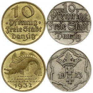 Germany Danzig 10 Pfennig 1923 & 1932. Averse: Denomination. Reverse: Arms divide date within snowflake design...