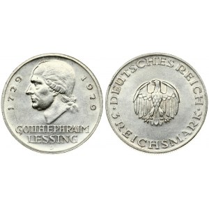 Germany Weimar Republic 3 Reichsmark 1929D 200th Anniversary - Birth of Gotthold Lessing. Averse: Small eagle...