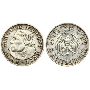 Germany Third Reich 5 Reichsmark 1933A 450th Anniversary - Birth of Martin Luther. Averse: Eagle; denomination below...