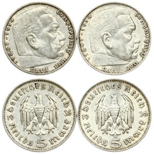 Germany Third Reich 5 Reichsmark 1935A & 1936F Hindenburg issue. Averse: Eagle divides date; denomination below...