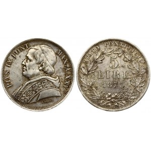 Italy PAPAL STATES 5 Lire 1870-XXVR Pius IX(1846-1878). Averse: Bust left. Averse Legend: PIVS IX PONT... Reverse...