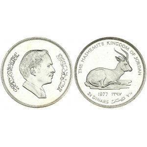 Jordan 2-1/2 Dinars 1397-1977 Conservation. Averse: Head right. Reverse: Rhim Gazelle. Edge Description: Milled. Silver...