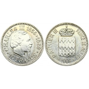Monaco 10 Francs 1966 (a) 100th Anniversary - Accession of Charles III. Rainier III(1949 - 2005). Averse: Head right...