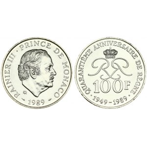Monaco 100 Francs 1989 (a) 40th Anniversary of Reign. Rainier III(1949 - 2005). Averse: Head right. Reverse...