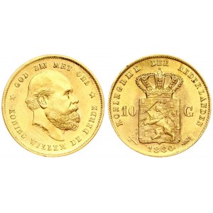 Netherlands 10 Gulden 1880 William III(1849-1890). Averse: Head right. Averse Legend: KONING WILLEM DE DERDE ...