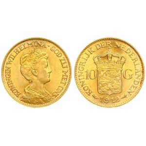 Netherlands 10 Gulden 1912 Wilhelmina I(1890–1948). Averse: Head right. Reverse: Crowned arms divide value...