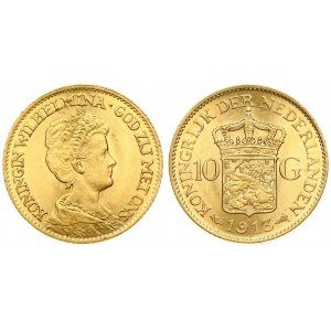 Netherlands 10 Gulden 1913 Wilhelmina I(1890–1948). Averse: Head right. Reverse: Crowned arms divide value...