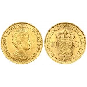 Netherlands 10 Gulden 1917 Wilhelmina I(1890–1948). Averse: Head right. Reverse: Crowned arms divide value...