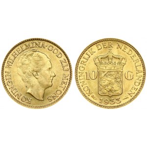 Netherlands 10 Gulden 1933 Wilhelmina I(1890–1948). Averse: Head right. Reverse: Crowned arms divide value...
