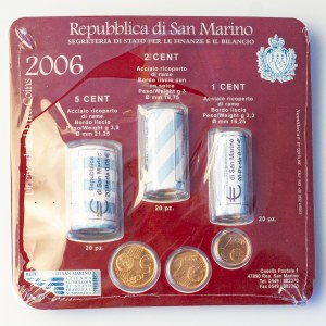 San Marino 1 & 2 & 5 Euro Cent 2006R. Reverse: Value and globe. Edge Description: Grooved.  Copper Plated Steel. KM 440...