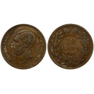 Serbia 10 Para 1868 Obrenovich Michael III(1839 - 1868). Averse: Head left. Reverse: Value; date within crowned wreath...