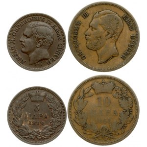 Serbia 5 & 10 Para 1868-1879 Obrenovich Michael III & Milan I. Averse: Head left. Reverse: Value...