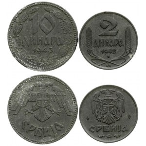 Serbia 2 & 10 Dinara 1942-1943БП (BP) Averse: Double-headed eagle. Reverse: Value and date within oat sprig. Zinc...