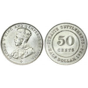 Straits Settlements 50 Cents 1920 George V(1910-1936). Averse: Crowned bust left. Reverse: Value within beaded circle...