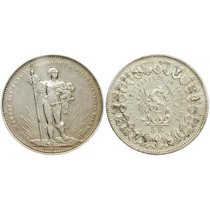 Switzerland 5 Francs 1879 Averse: Standing figure. Lettering: DAS SCHWERT ZUR HAND IN HERZEN GOTT. SO WIRD D...