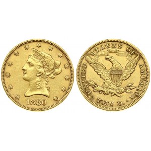 USA 10 Dollars 1880 Philadelphia. 'Coronet Head - Eagle' ; with motto. Averse: Bust to left above date; 13 stars around...