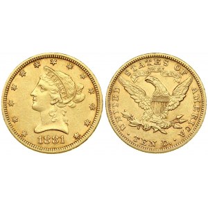USA 10 Dollars 1881 Philadelphia. 'Coronet Head - Eagle' ; with motto. Averse: Bust to left above date; 13 stars around...