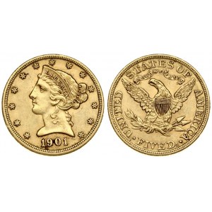 USA 5 Dollars 1901 Philadelphia. Liberty / Coronet Head - Half Eagle With motto. Averse...