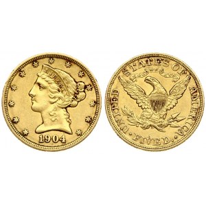 USA 5 Dollars 1904 Philadelphia. Liberty / Coronet Head - Half Eagle With motto. Averse...