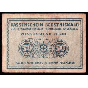Estonia 50 Penni 1919 Banknote. Issued note. Ornamental design at center. Blue on light blue underprint. KM...