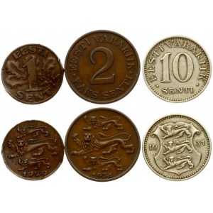 Estonia 1-10 Senti 1929-1934. Averse: National arms divide date. Reverse: Denomination. Bronze; Copper-Nickel...