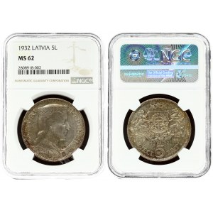 Latvia 5 Lati 1932 Averse: Crowned head right. Reverse: Arms with supporters above value. Edge Description: DIEVS **...