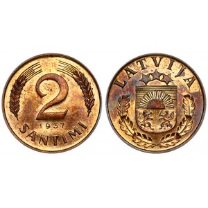 Latvia 2 Santimi 1937 Averse: National arms above sprigs. Reverse: Value flanked by sprigs above date. Edge Description...