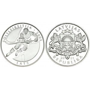 Latvia 1 Lats 2001  Ice Hockey. Averse: Arms with supporters. Reverse: Hockey player. Silver. KM 50