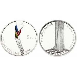 Latvia 5 Euro 2014 Indpendence 25th Anniversary. Averse: Tree and roots. Reverse: Hair style pony...