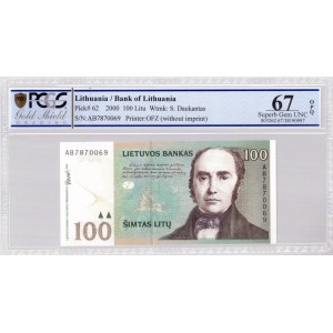 Lithuania 100 Litu 2000 Banknote. Pck#62 Wtmk: S. Daukantas S/N:AB7870069...