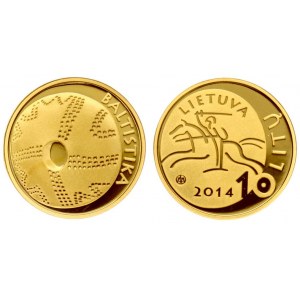 Lithuania 10 Litų 2014 Baltic studies. Averse: Stylized Vytis left. Reverse: Neolithic period stylized amber disc. Gold...