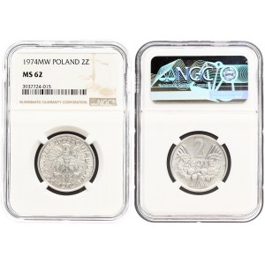 Poland 2 Zlote 1974MW Averse: Eagle with wings open. Reverse: Value above design and fruit. Edge Description: Reeded...