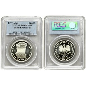 Poland 100 Zlotych 1977 MW Averse: Imperial eagle above value. Reverse: Head of Wladyslaw Reymont 1/4 right. Silver...