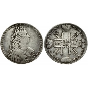 Russia 1 Rouble 1729 Averse: Laureate bust right. Reverse: Date in cruciform with 4 crowns monograms in angles. ...