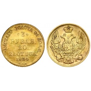 Russia 3 Roubles - 20 Zlotych 1834 СПБ-ПД Nicholas I (1826-1855). Averse: Shield within wreath on breast...