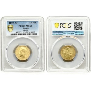 Russia 7,5 Roubles 1897 АГ PCGS MS63. Metal: Gold (0.900). Weight: 6.40 grams. Diametre: 21.0 mm. Nikolai II (1894 ...
