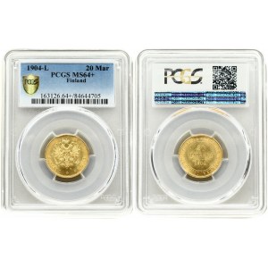 Russia 20 Markkaa 1904 L PCGS MS 64+.  St. Petersburg. Nicholas II (1894-1917) .Russia for Finland. Gold...