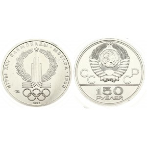 Russia 150 Roubles 1977(L) 1980 Olympics. Averse: National arms divide CCCP with value below. Reverse: Moscow Olympic...